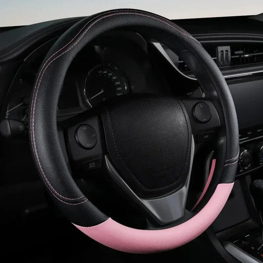1PC Steering Wheel Cover PU Leather Anti-Slip Universal Fit Black Pink