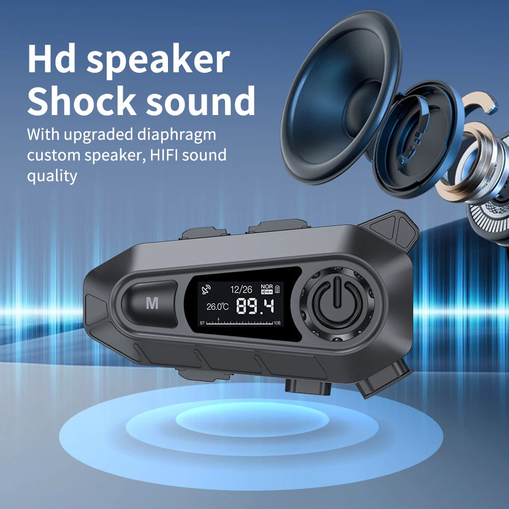 BT5.3 Motorcycle Helmet Bluetooth Headset FM Radio LED Display Waterproof