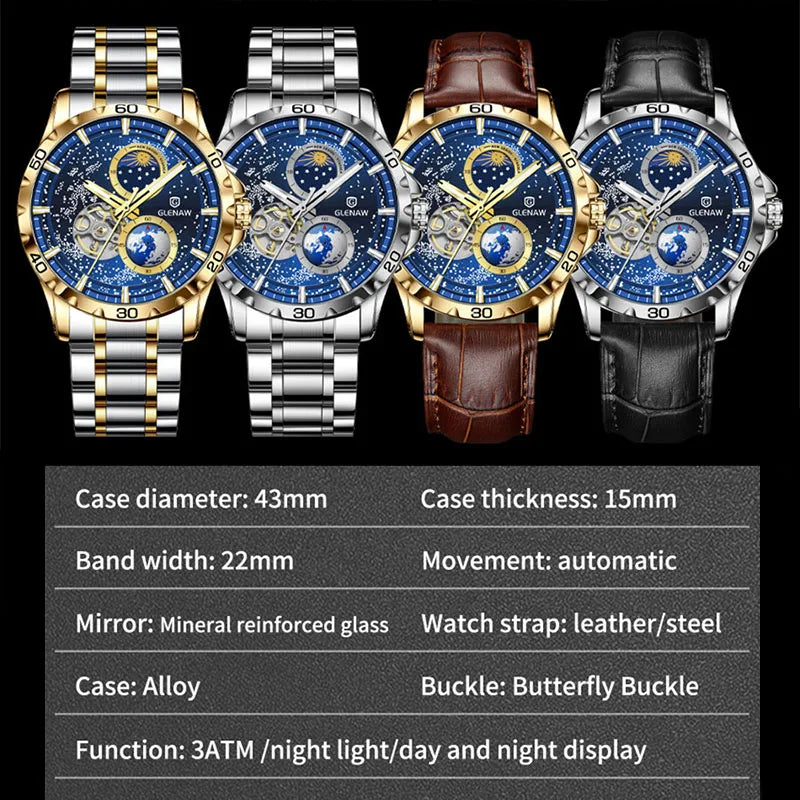 GLENAW Rotating Earth Double Second Hand WristWatch Men Automatic Mechanical Watch Starry Sky Stainless Steel Leather Watchband-EXPROTAS