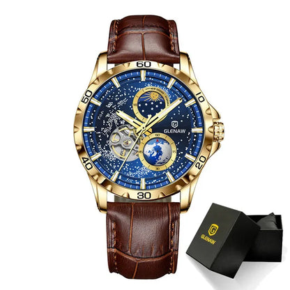 GLENAW Rotating Earth Double Second Hand WristWatch Men Automatic Mechanical Watch Starry Sky Stainless Steel Leather Watchband-EXPROTAS