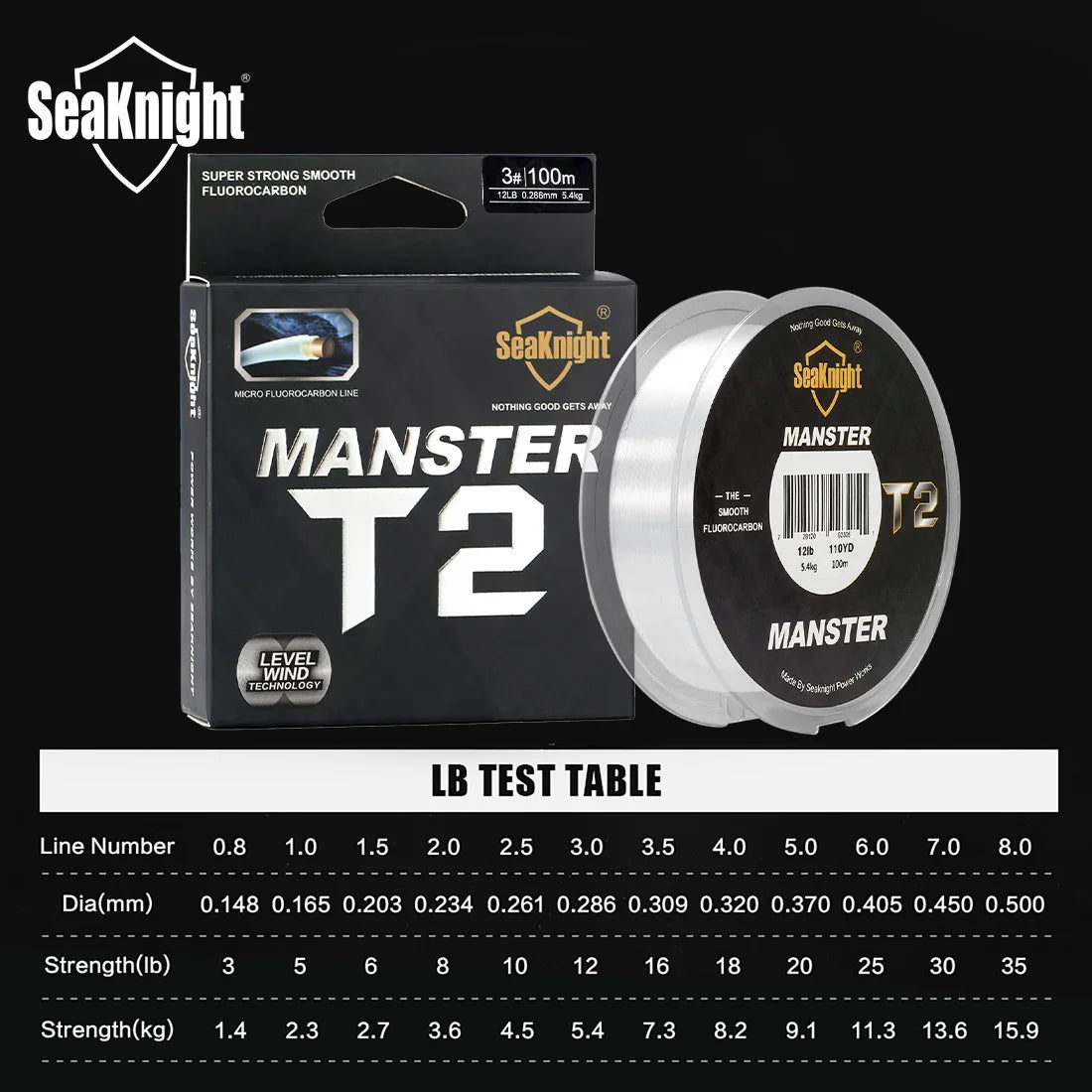 SeaKnight MANSTER T2 100% Fluorocarbon Fishing Line, 100M Carbon Fiber 3-35LB Sinking Sea Fishing