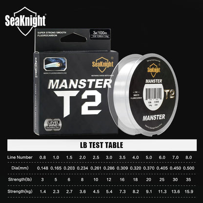SeaKnight MANSTER T2 100% Fluorocarbon Fishing Line, 100M Carbon Fiber 3-35LB Sinking Sea Fishing