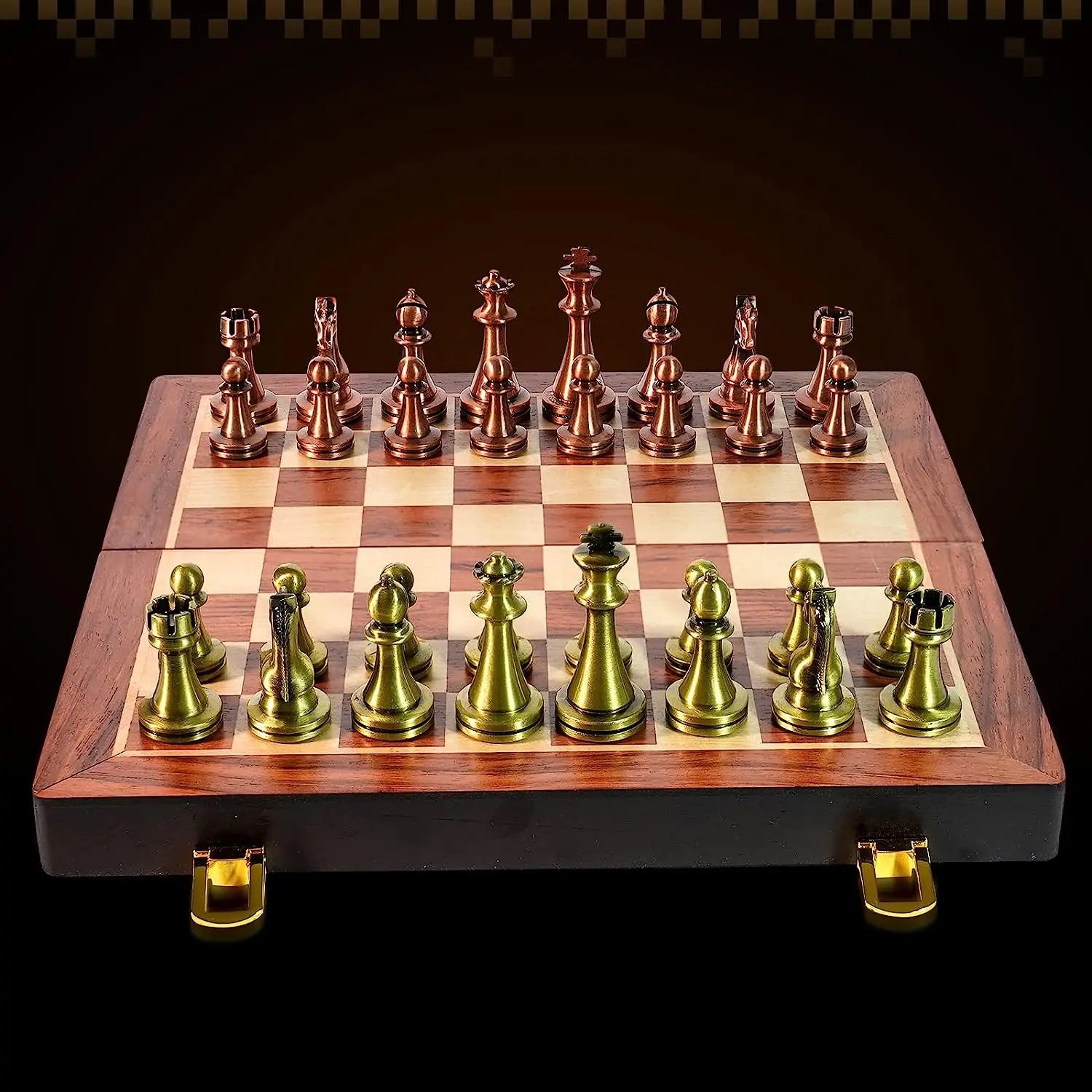Large Metal Deluxe Chess Retro Copper Plated Alloy Chess Adult Set Board Game Portable Wooden Box Storage Folding Chess Set-EXPROTAS