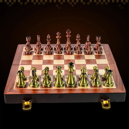 Large Metal Deluxe Chess Retro Copper Plated Alloy Chess Adult Set Board Game Portable Wooden Box Storage Folding Chess Set-EXPROTAS