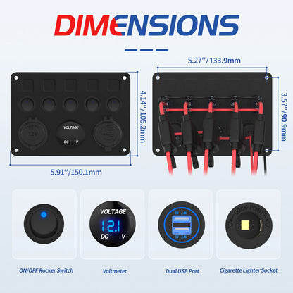 5 Gang Switch Panel 12V USB Voltmeter Toggle for Boat Car Truck RV ATV