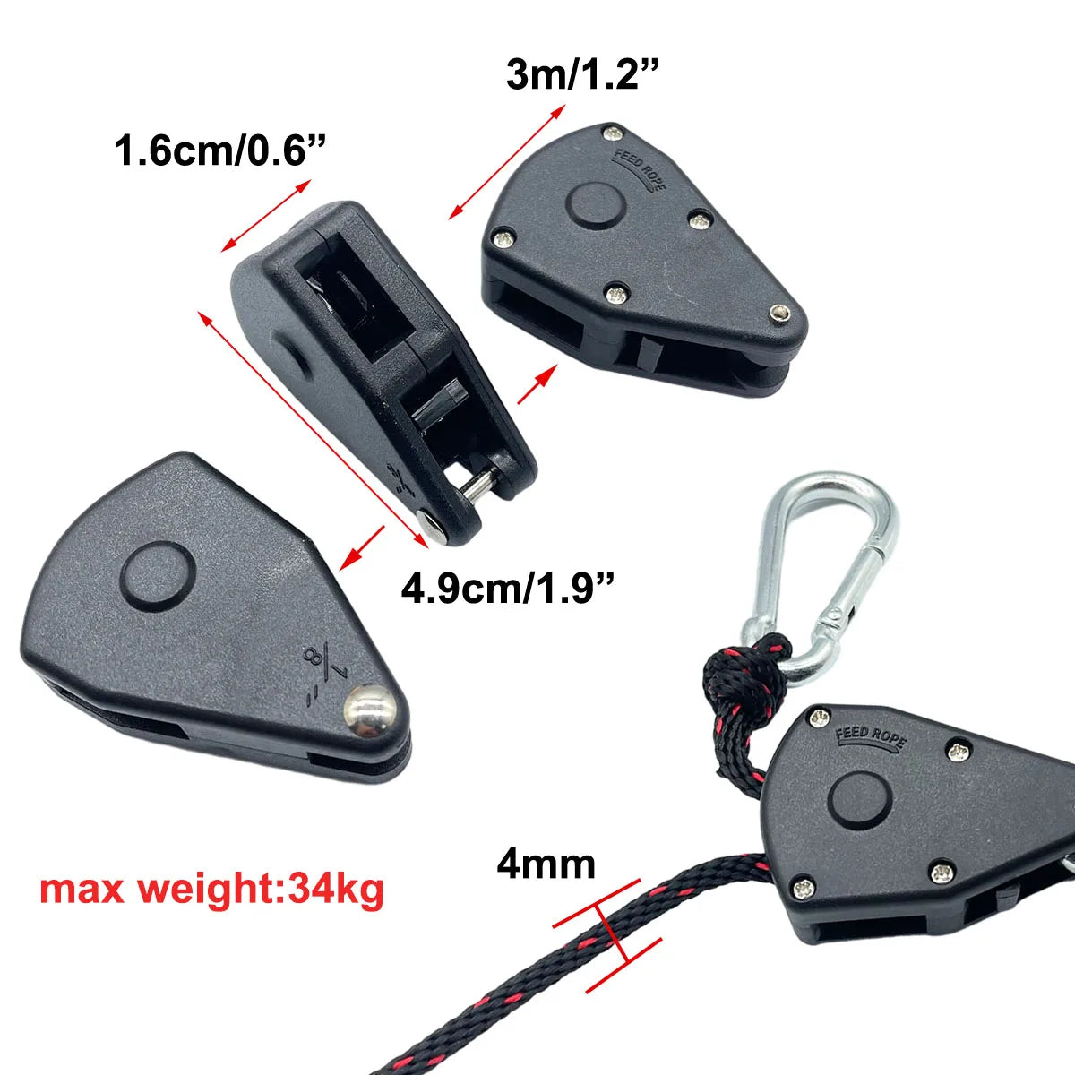 4mm Tent Rope Tightener Pulley Ratchet Hook for Camping Awning Canopy