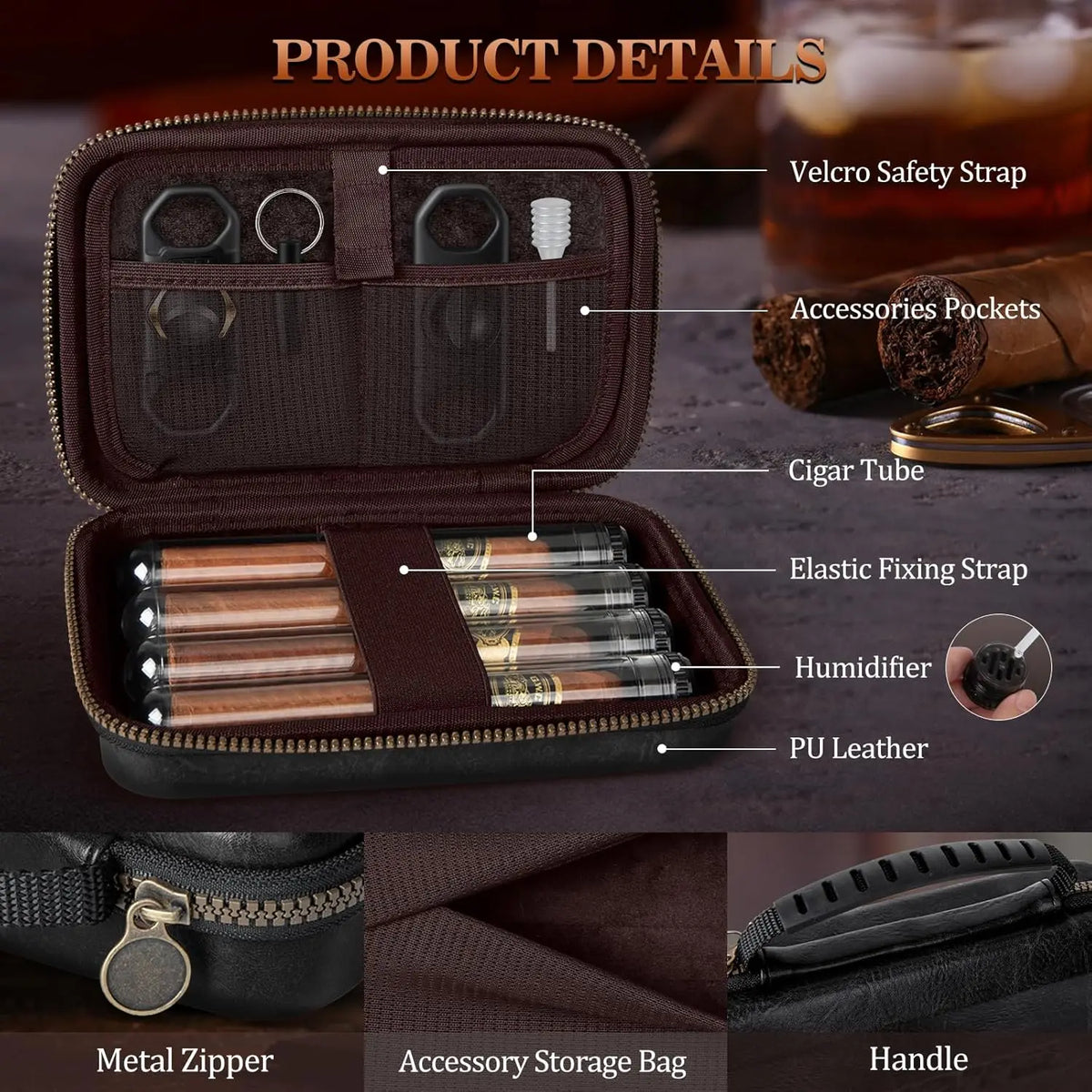 Leather Cigar Case Portable Travel Bag with 4 Tubes and Accessories