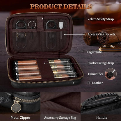 Leather Cigar Case Portable Travel Bag with 4 Tubes and Accessories