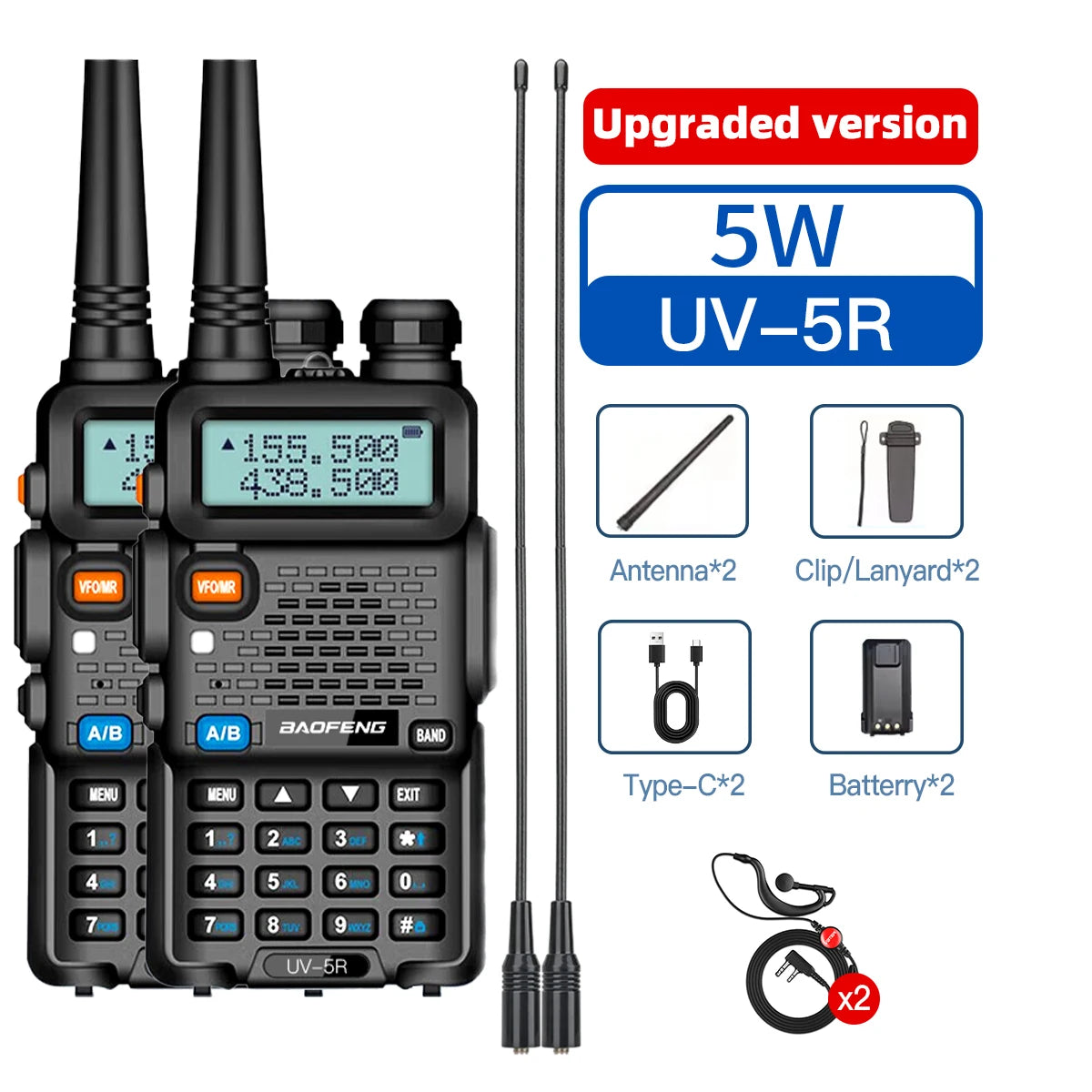 2PCS Baofeng Walkie Talkie UV-5R Dual Band Long Range 2200mAh Radio