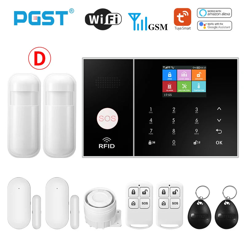 PGST Smart Life Alarm System for Home WIFI GSM Security Alarm Host with Door and Motion Sensor Tuya Smart App control work Alexa-EXPROTAS