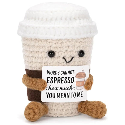 Funny Crochet Emotional Support Coffee Doll Handmade Desk Ornament Gift