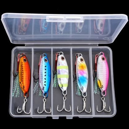 5pcs Slow Cast Metal Jig Fishing Lure Jigging Spoon 10G-50G with Hook Drag Cast Jigging Set Fishing Lure Artificial Bait Tackle