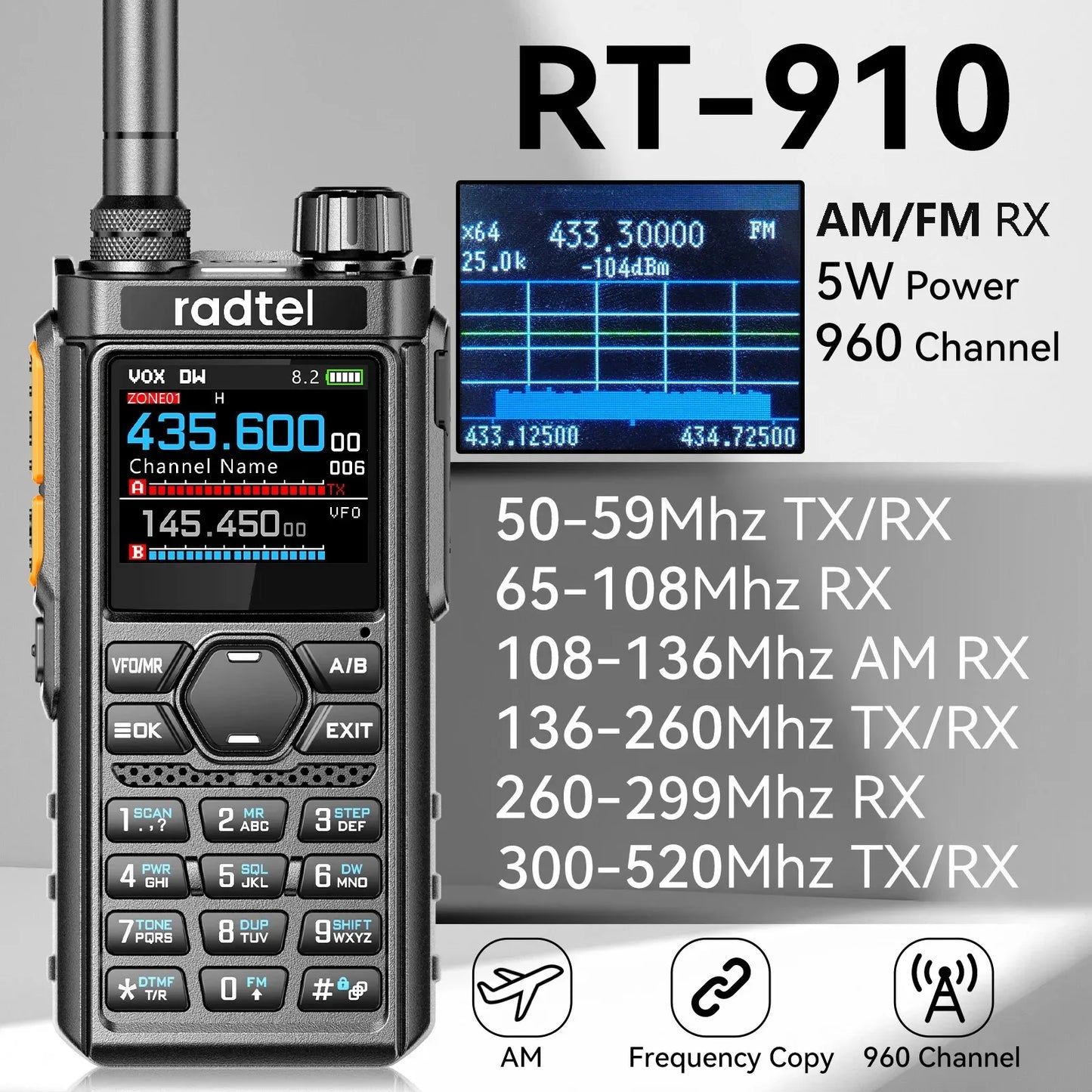 Radtel Walkie Talkie RT-910 5W 960 Channels Ham Radio AM/FM 45-59Mhz