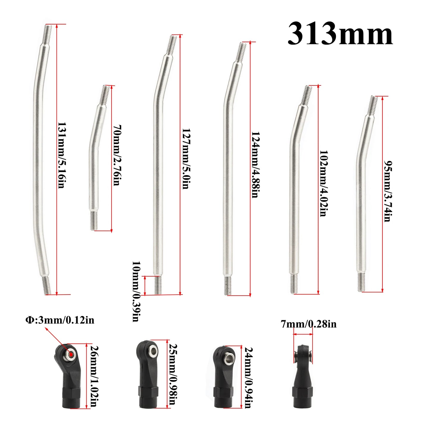 313/324mm Metal Upper Lower Link Set Plastic Rod Ends 1/10 RC Crawler SCX10 II