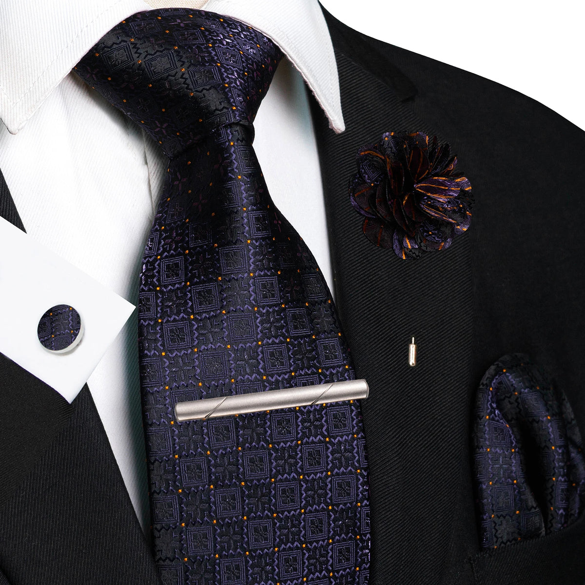 Men's Plaid Tie Clip Set with Pocket Square Cufflinks Wedding Accessories