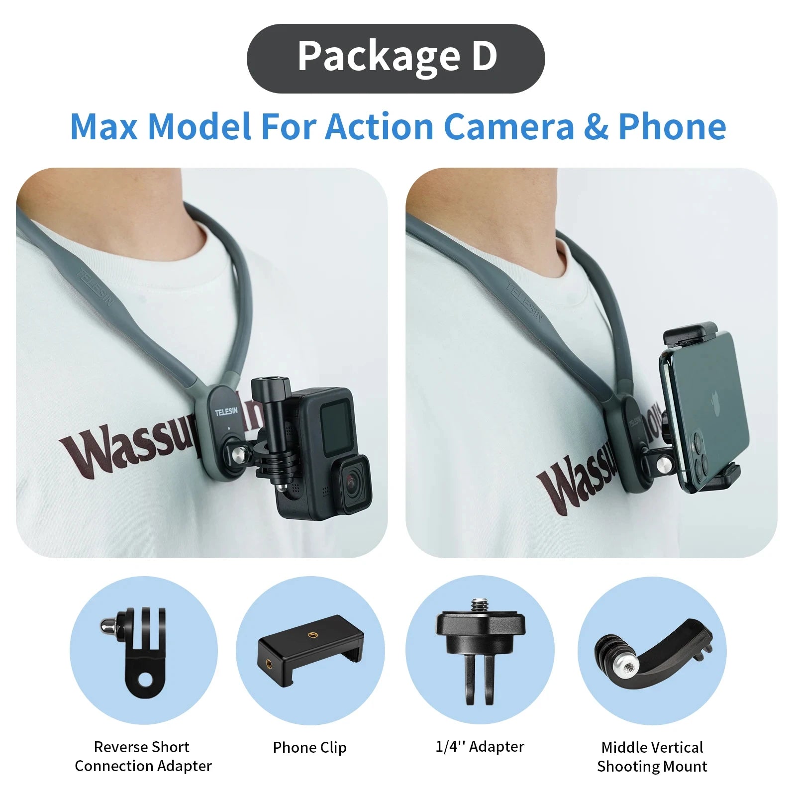 TELESIN Silicone Neck Hold Mount for GoPro Hero 12 11 10 9 8 7 6 Insta360 DJI Osmo Action Smartphone Magnetic Action Accessories-EXPROTAS