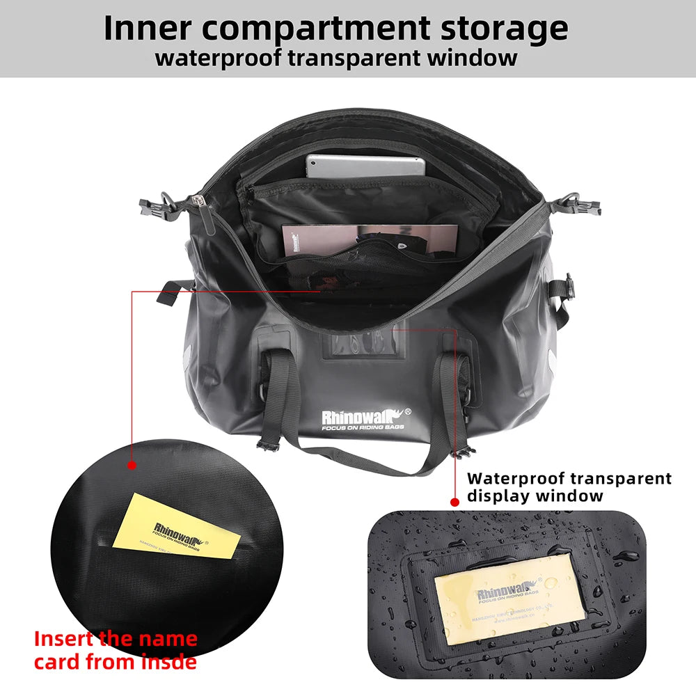 Rhinowalk Waterproof Motorcycle Tail Bag 45L PVC Saddle Dry Luggage Outdoor Back Sear Pack Motorbike Pannier Shoulder Bag Travel