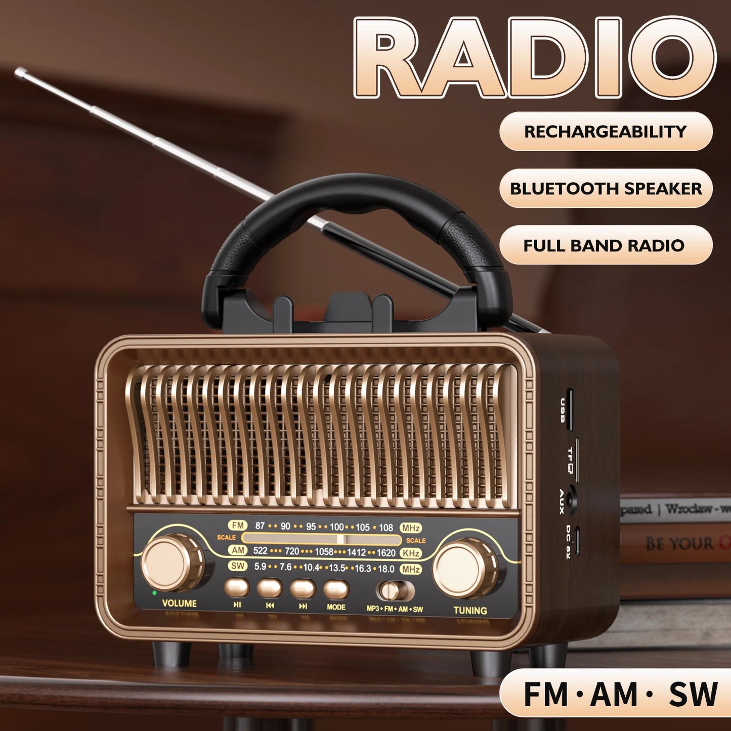 Rechargeable Battery Retro Portable Radio AM FM SW USB AUX for Home
