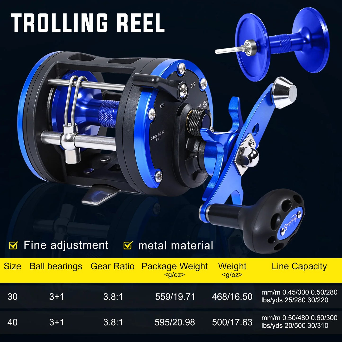 Trolling Drum Fishing Reel 3.8:1 3+1BB Metal Wire Guide Sougayilang Boat Reel