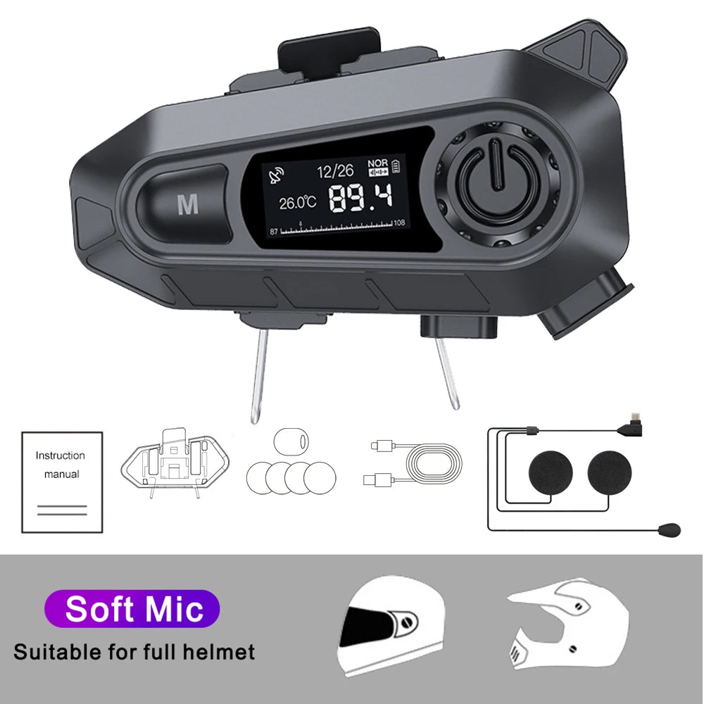 BT5.3 Motorcycle Helmet Bluetooth Headset FM Radio LED Display Waterproof