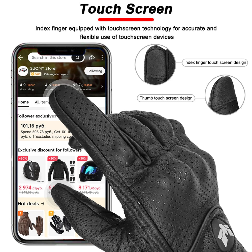 Vintage Leather Motorcycle Gloves Retro Protective Touchscreen Perforated Unisex