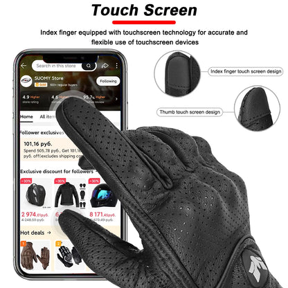 Vintage Leather Motorcycle Gloves Retro Protective Touchscreen Perforated Unisex