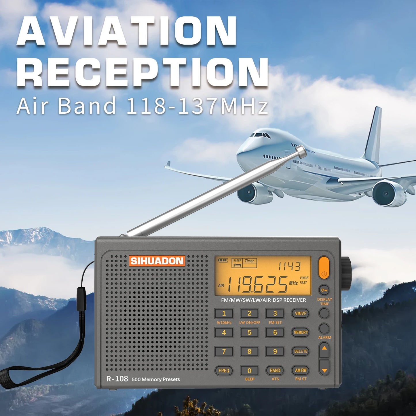 SIHUADON R108 DSP Portable Radio AM FM SW Airband LCD Type-C Receiver 500 Presets - EXPROTAS