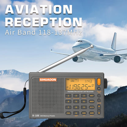 SIHUADON R108 DSP Portable Radio AM FM SW Airband LCD Type-C Receiver 500 Presets - EXPROTAS