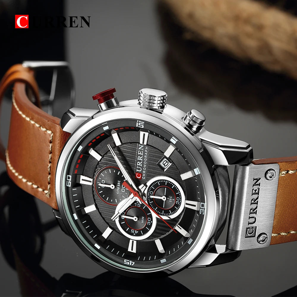 Curren Mens Watch Waterproof Quartz Chronograph Leather Strap 8291
