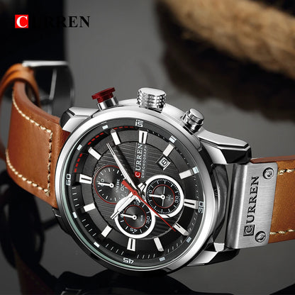 Curren Mens Watch Waterproof Quartz Chronograph Leather Strap 8291