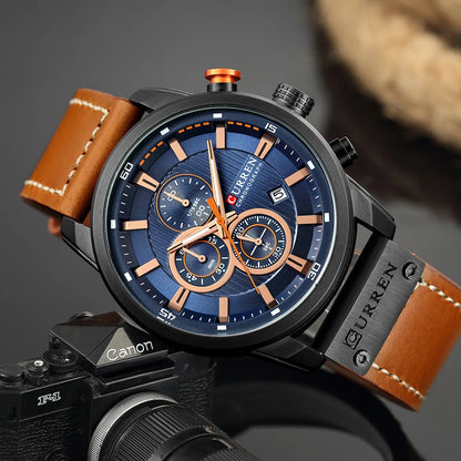 Curren Mens Watch Waterproof Quartz Chronograph Leather Strap 8291