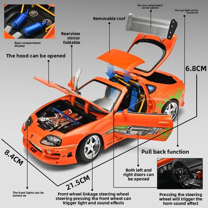 1:24 Fast & Furious Supra Alloy Diecast Sports Car Model, Pull Back Toy with Light & Sound Collectible Gift for Car Fans