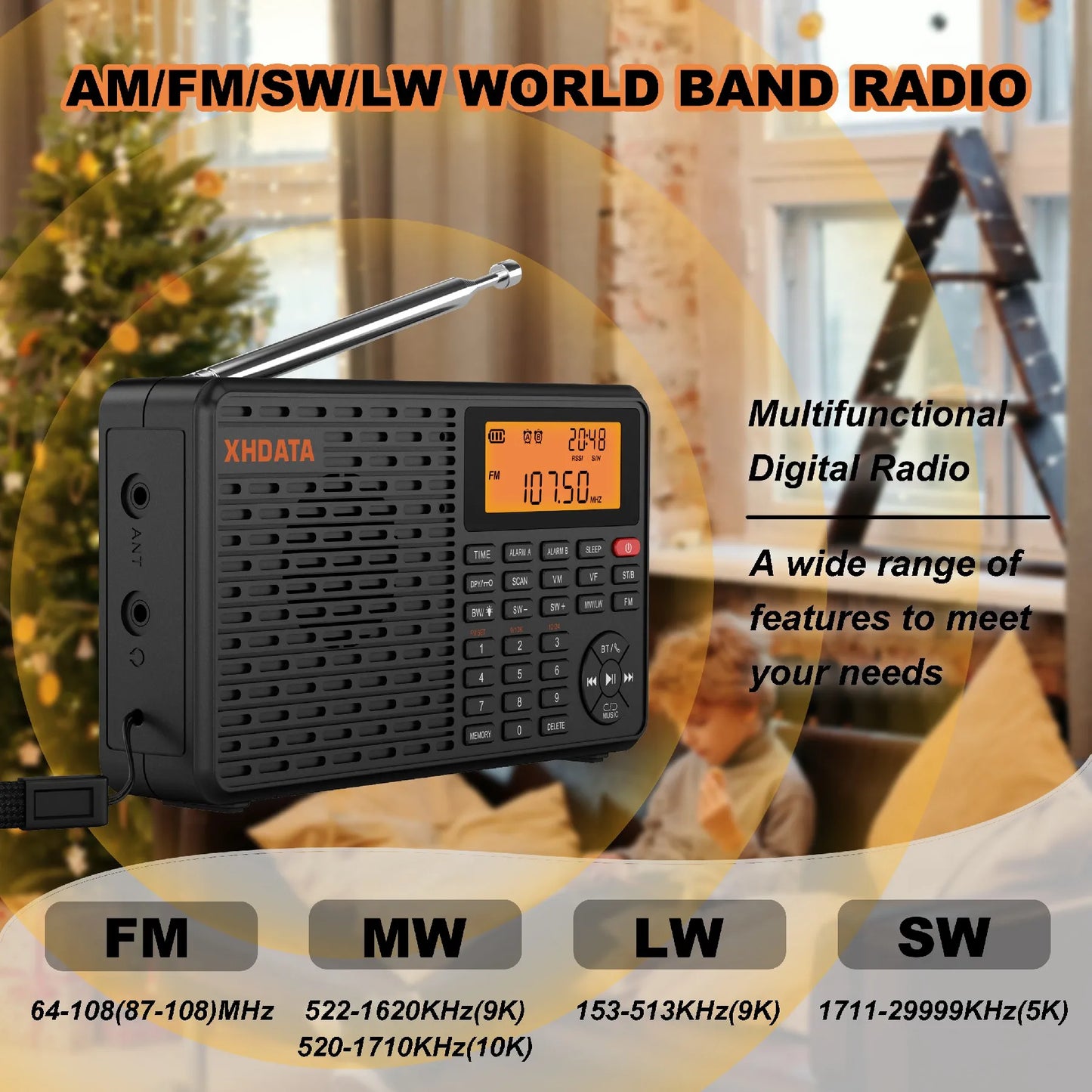 Xhdata Portable Radio Bluetooth AM/FM Digital Receiver TF Card Support