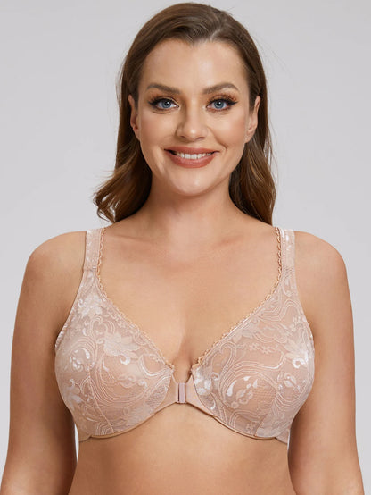 Women’s Front Closure Underwire Bra Unlined Full Coverage Lace