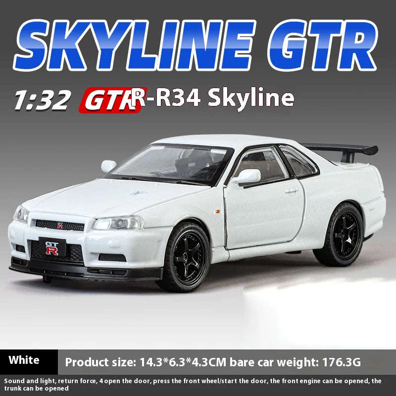1:32 Nissan GTR R34 Skyline Supercar Alloy Metal Diecast Car Model Sound & Light Collection of Hobby Models Trendy Ornament Gift