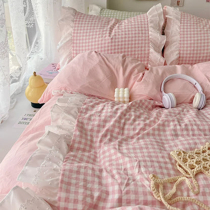 Plaid Duvet Cover 3 Piece Bedding Set Pink Check Bedspread All Seasons