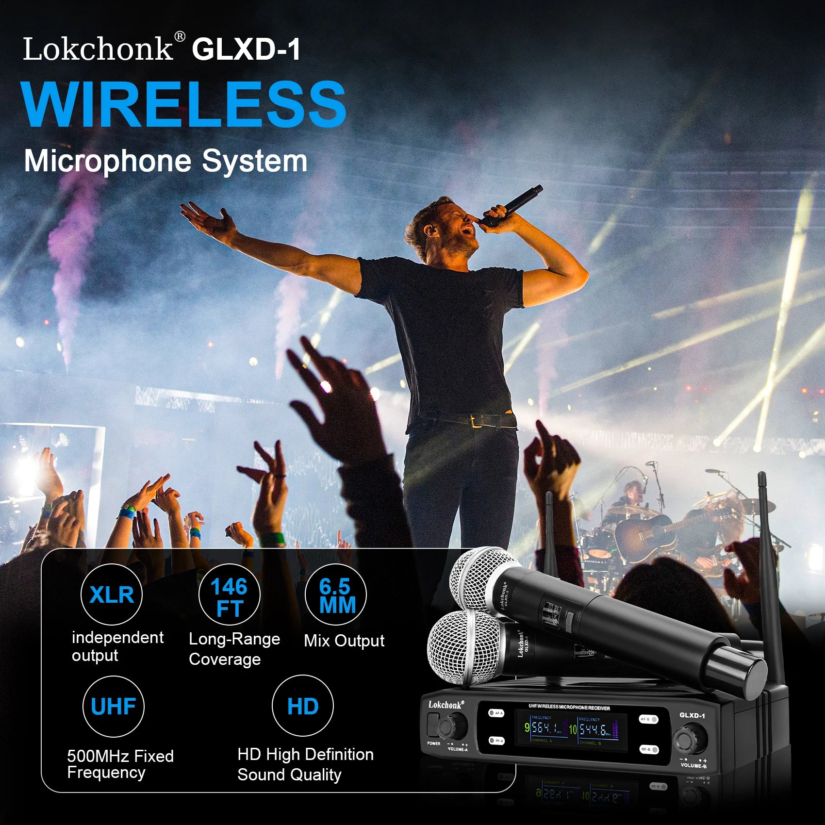 GLXD1 Professional Wireless Microphone System Dual Channel UHF Fixed Frequency Cordless Handheld Dynamic Mic For Karaoke Party-EXPROTAS