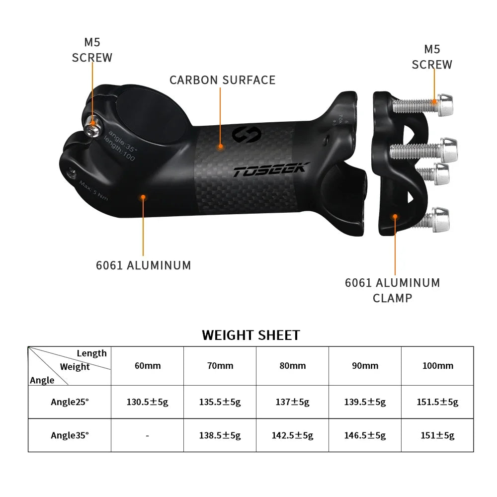 TOSEEK Carbon MTB Handlebar Stem 31.8mm 10/17/25/35 Degree Bike Stem