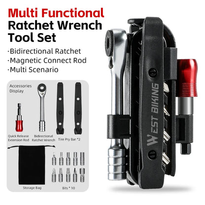 WEST BIKING 14-in-1 Bike Ratchet Multitool Kit Tyre Lever MTB Road
