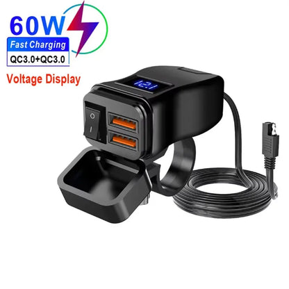 Dual USB Socket Motorcycle Charger 60W Waterproof PD QC3.0 Voltmeter Handlebar