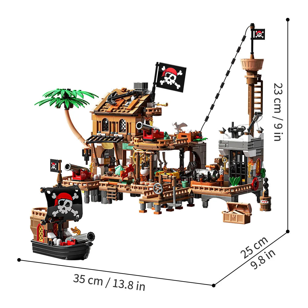 Pirate Ship Building Toys, Pirate Wharf Themed City Store Building Bricks Sets for Boys Age 8-12,868 Pieces, Advent Calendar-EXPROTAS