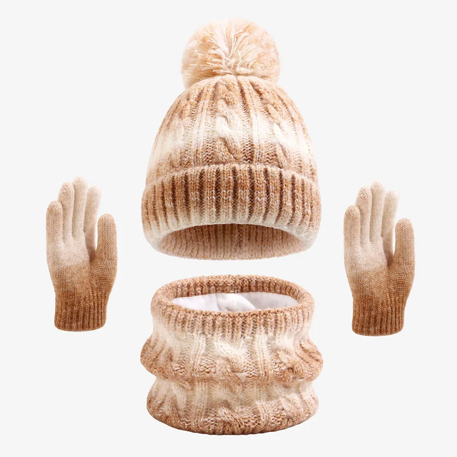 Kids Winter Hat Scarf Gloves 3Pcs Set Warm Knitted Beanie Pom