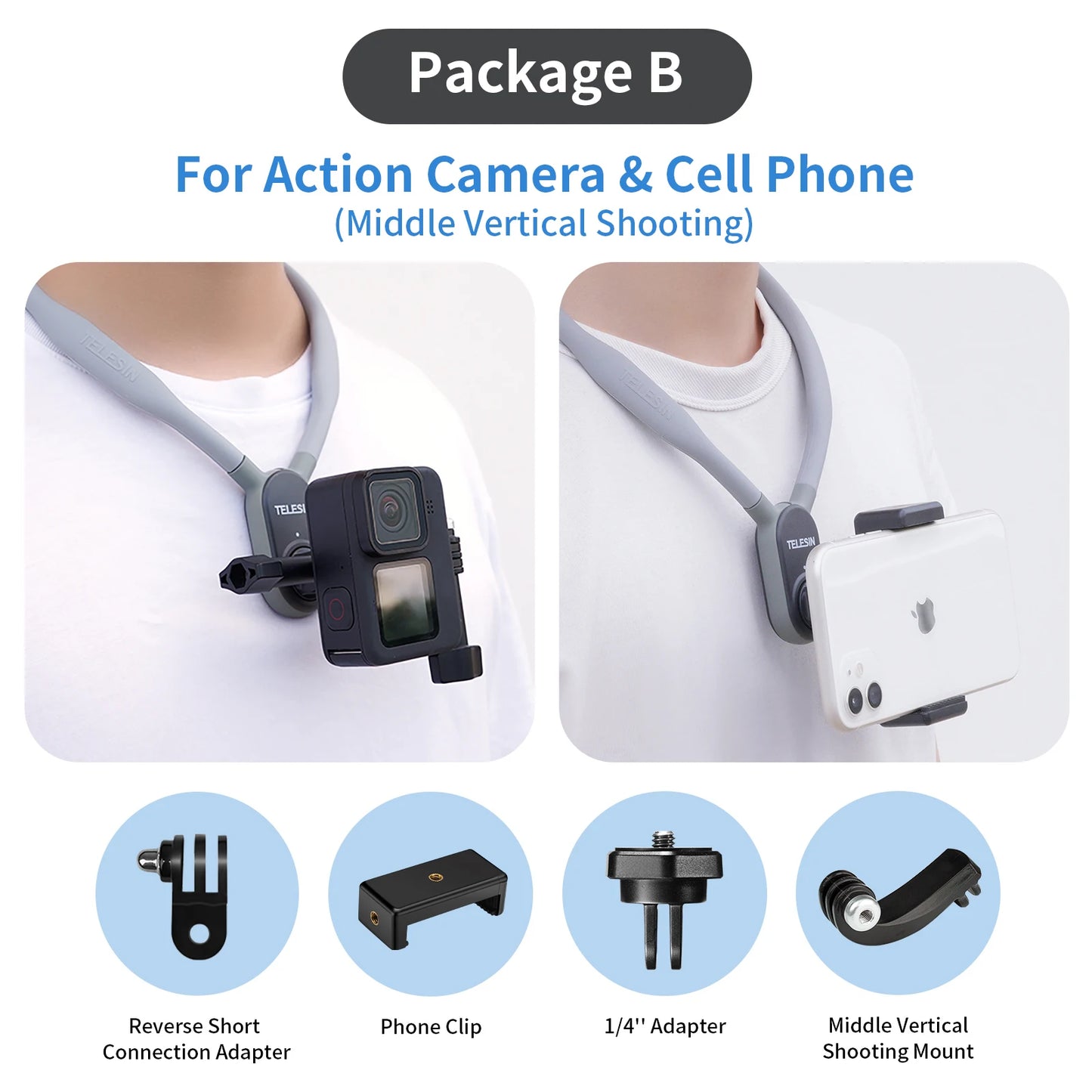 TELESIN Silicone Neck Hold Mount for GoPro Hero 12 11 10 9 8 7 6 Insta360 DJI Osmo Action Smartphone Magnetic Action Accessories-EXPROTAS