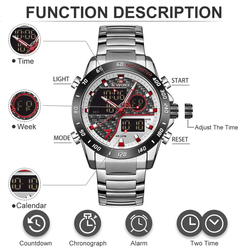 NAVIFORCE Men's Digital Sport Watch | LED Quartz Waterproof Luminous Military Style