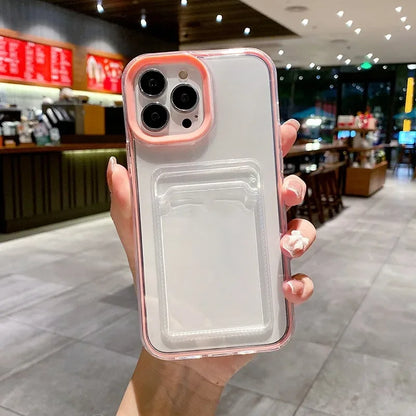 Transparent Card Holder Shockproof Soft Case for iPhone 12-16 Pro Max