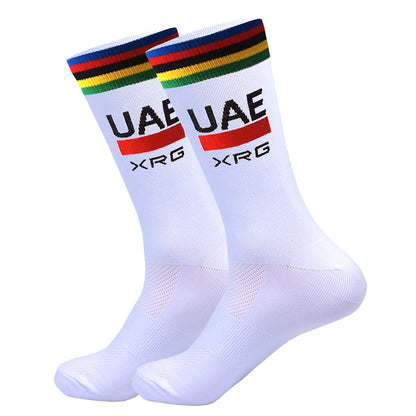 White UAE Cycling Socks FDJ Team Mesh Compression Non-Slip MTB Running