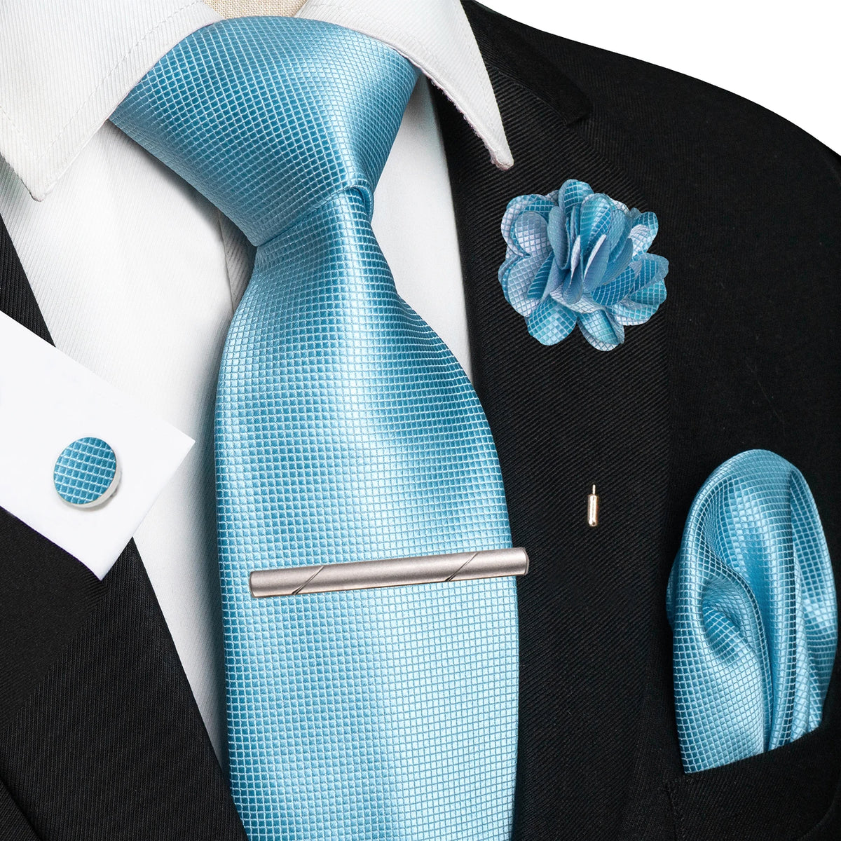 Men's Plaid Tie Clip Set with Pocket Square Cufflinks Wedding Accessories