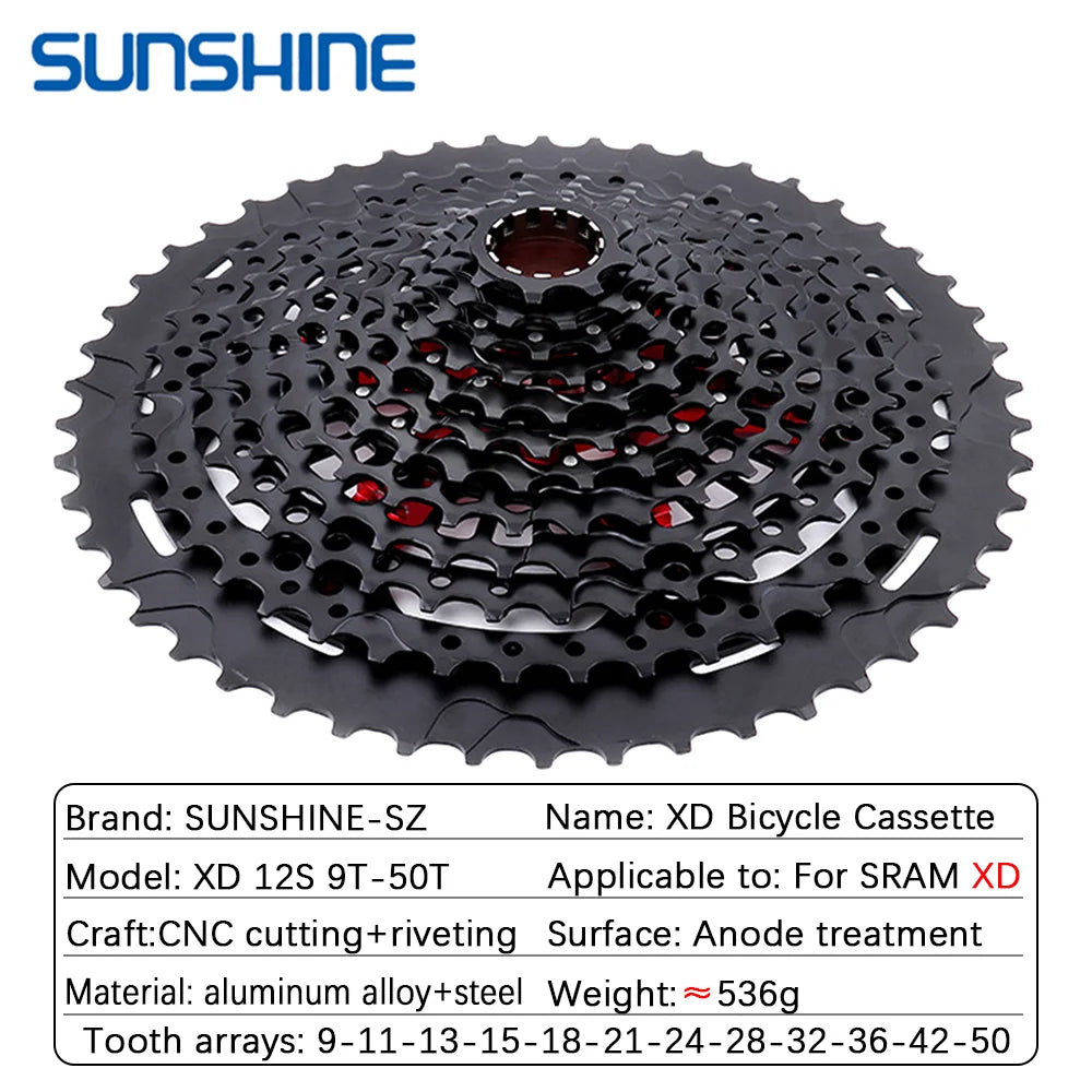 SUNSHINE XD MTB Cassette 12 Speed 9–50T Black Compatible SRAM XD Freehub - EXPROTAS