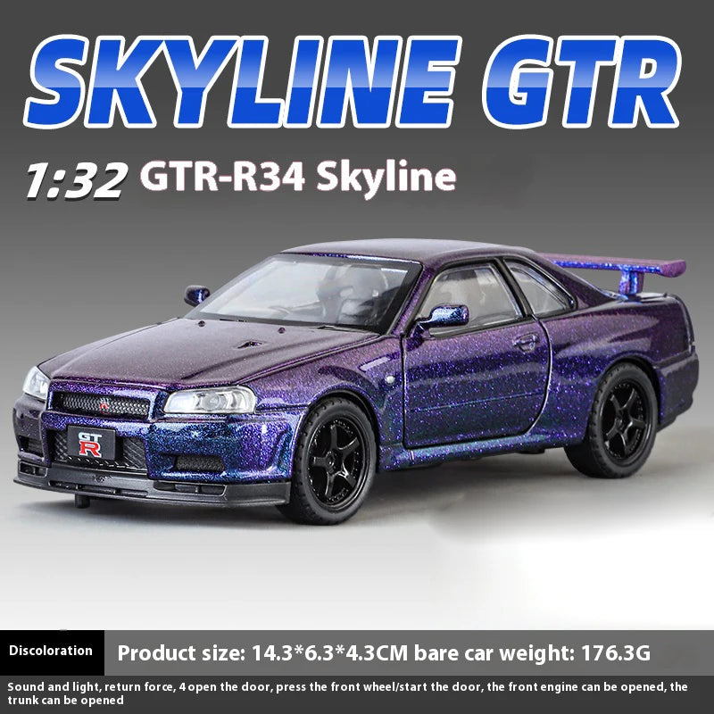 1:32 Nissan GTR R34 Skyline Supercar Alloy Metal Diecast Car Model Sound & Light Collection of Hobby Models Trendy Ornament Gift