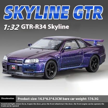 1:32 Nissan GTR R34 Skyline Supercar Alloy Metal Diecast Car Model Sound & Light Collection of Hobby Models Trendy Ornament Gift